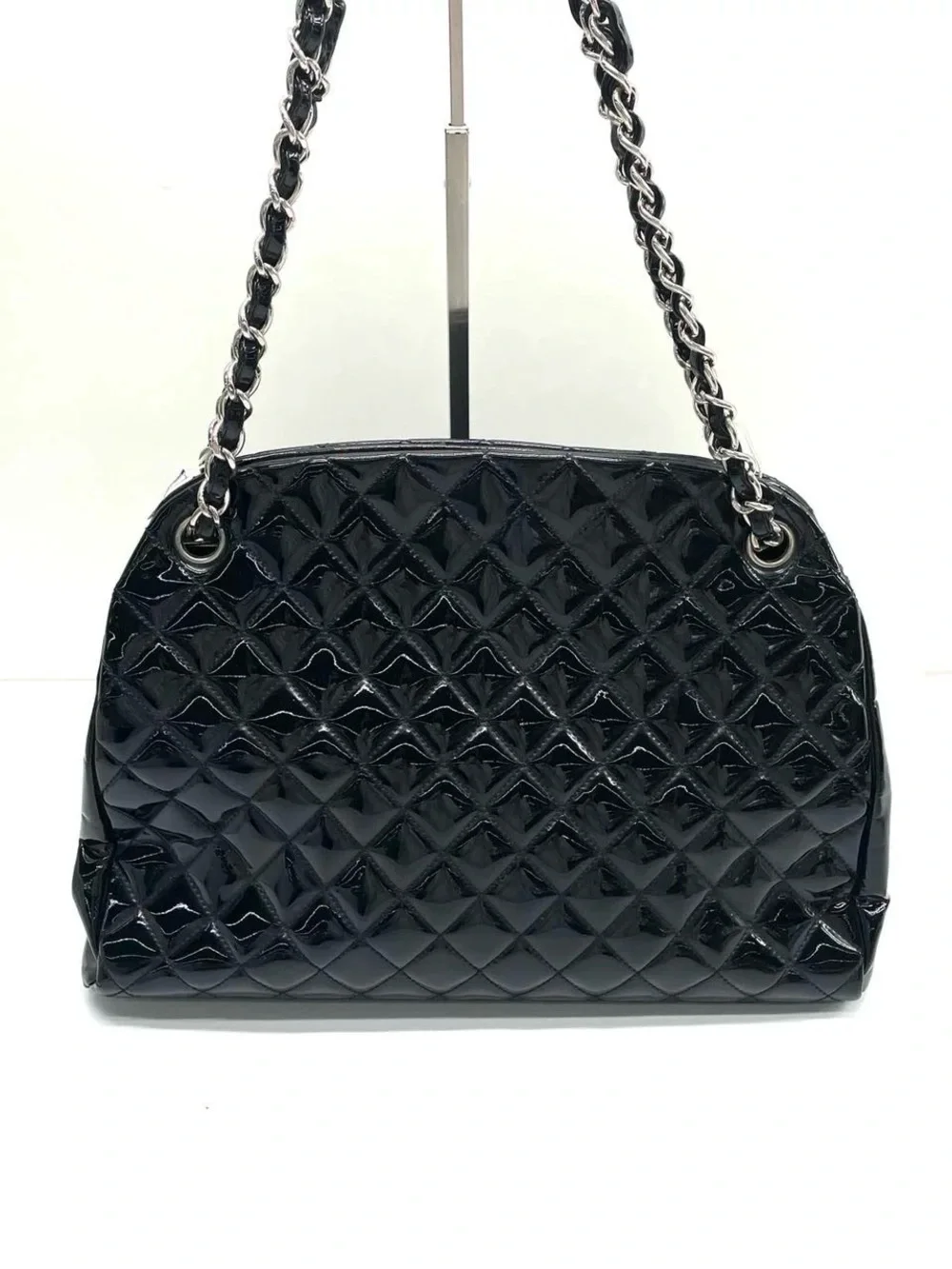 CHANEL Black Quilted Patent Shoulder Bag with Chain and CC Charm